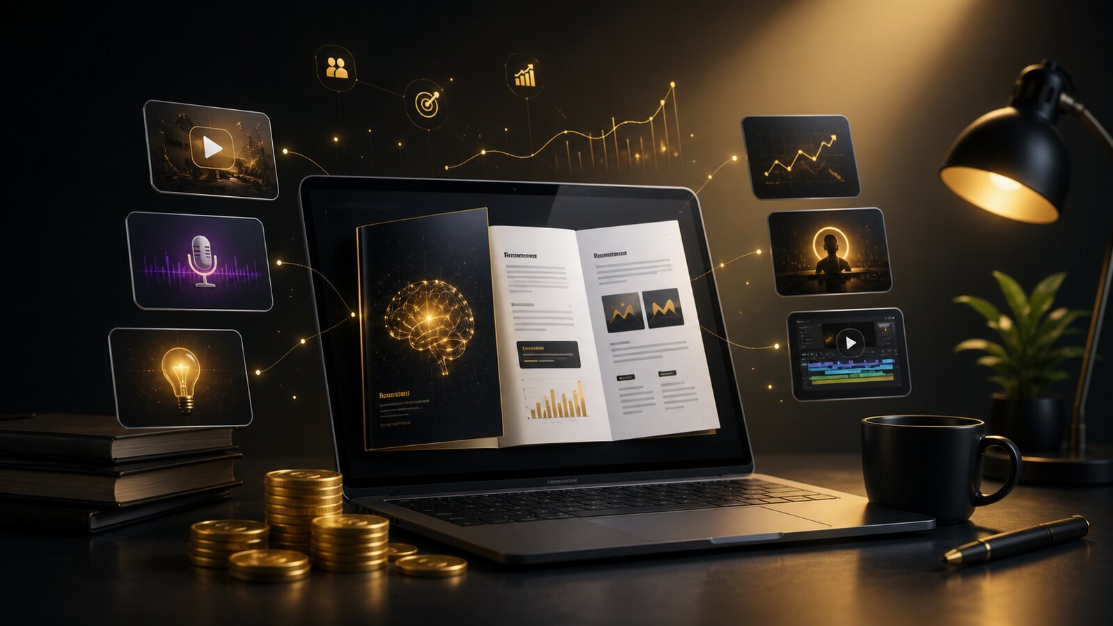 A premium AI money-idea PDF mockup with gold social content cards